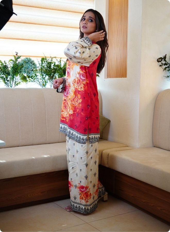 Red and Yellow Floral Printed Kurta Set