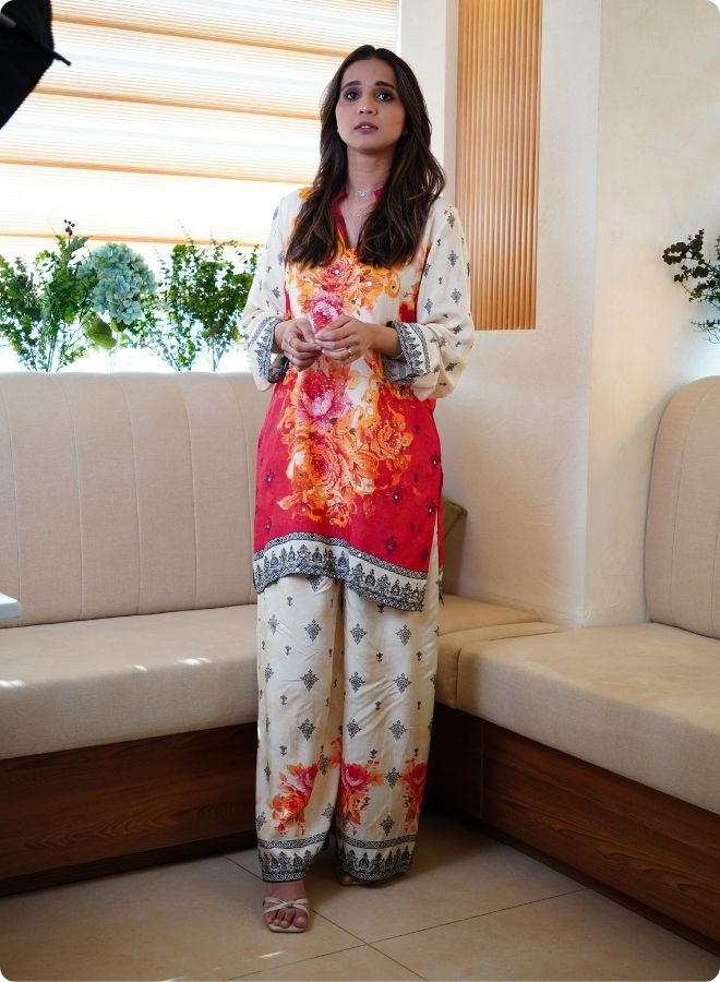 Red and Yellow Floral Printed Kurta Set