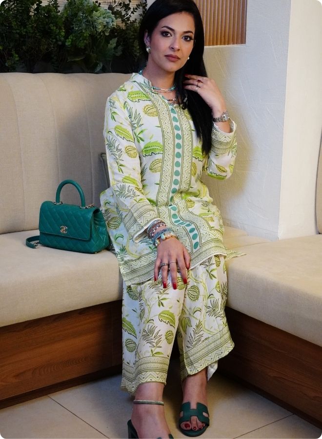 White and Green Printed Kurta Set