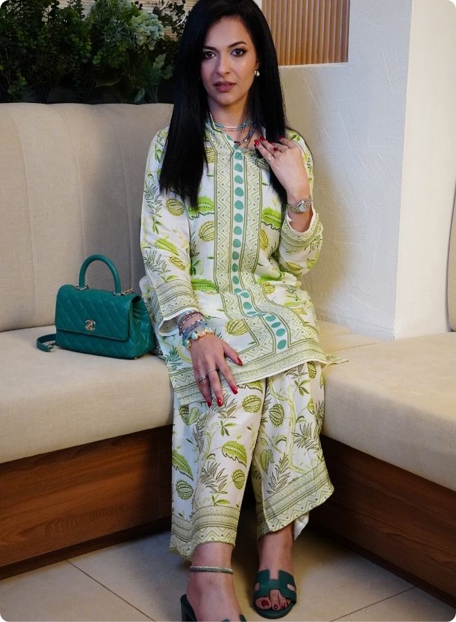 White and Green Printed Kurta Set