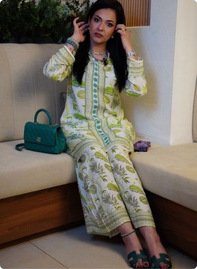 White and Green Printed Kurta Set