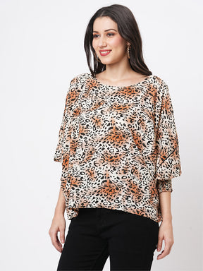 Loose Fit Animal Print Freesize Top With Smokin Details At The Cuff