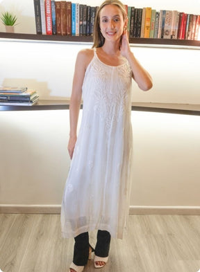White Sleeveless Embroidered Kurti