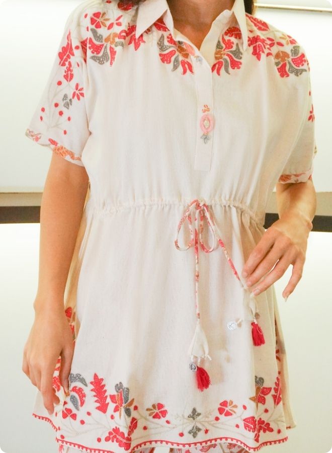 Floral White Co-ord Set with Drawstring Top and Slit Pants