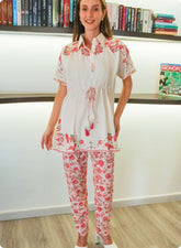 Floral White Co-ord Set with Drawstring Top and Slit Pants