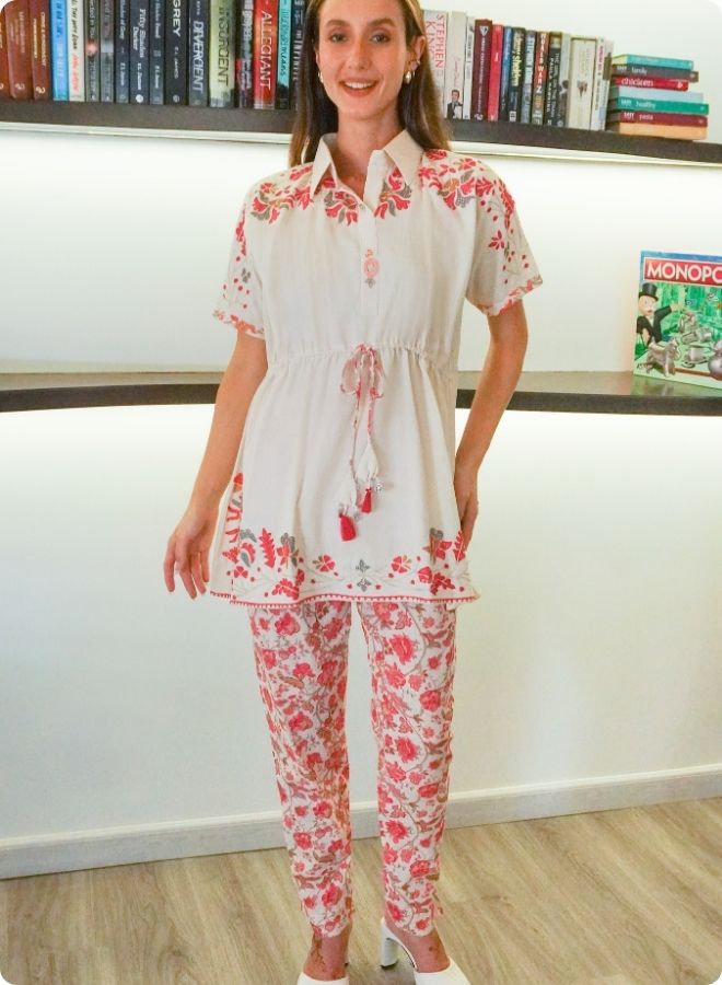 Floral White Co-ord Set with Drawstring Top and Slit Pants