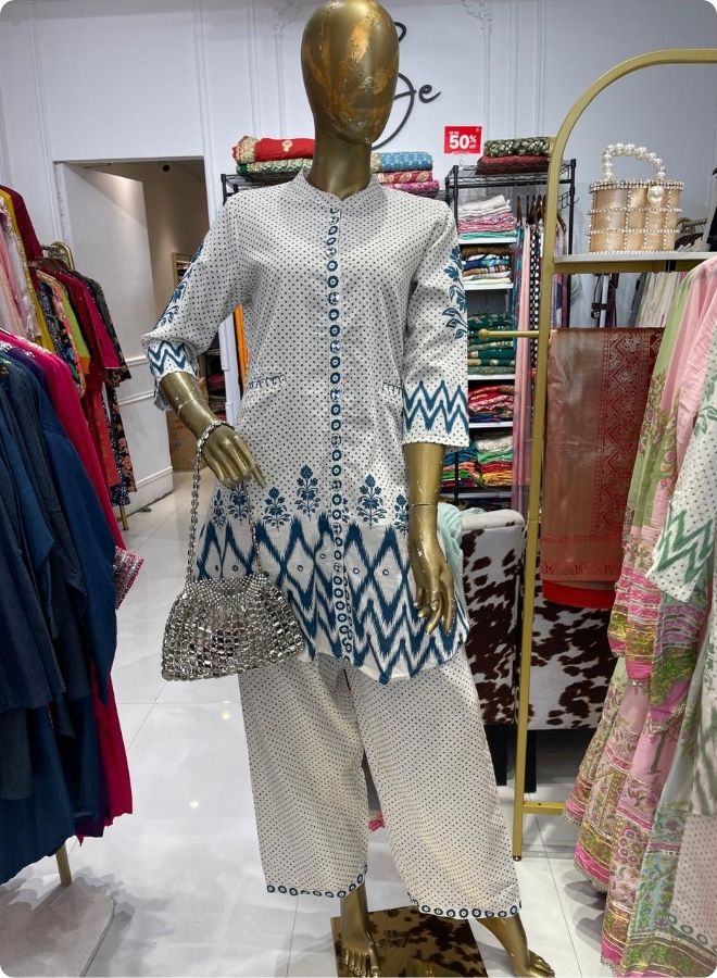 White Printed Coord Set with Blue Ikat Detailing
